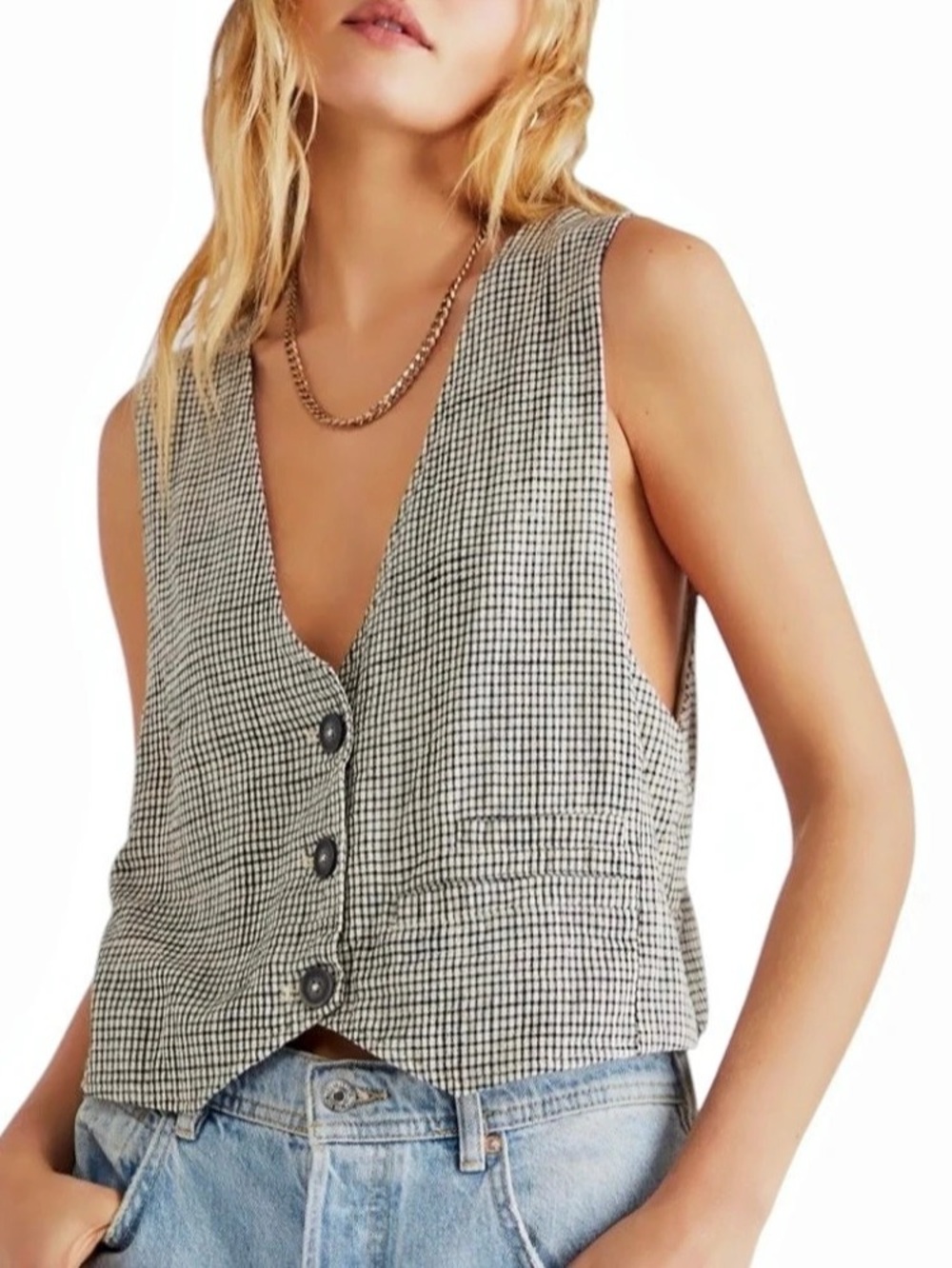 We the Free Heritage Check Cropped Adjustable Back Belt Vest Size XS